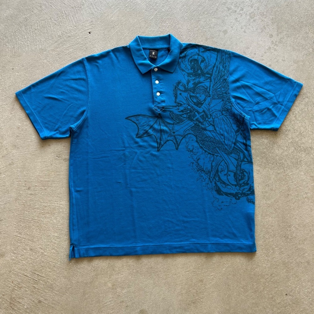Vintage Karl Kani Polo Shirt Size XXL Blue Y2K Archangel Dragon Cross Grunge